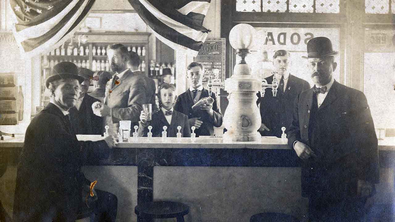 moxie soda fountain at todd's drugstore in new york circa 1910